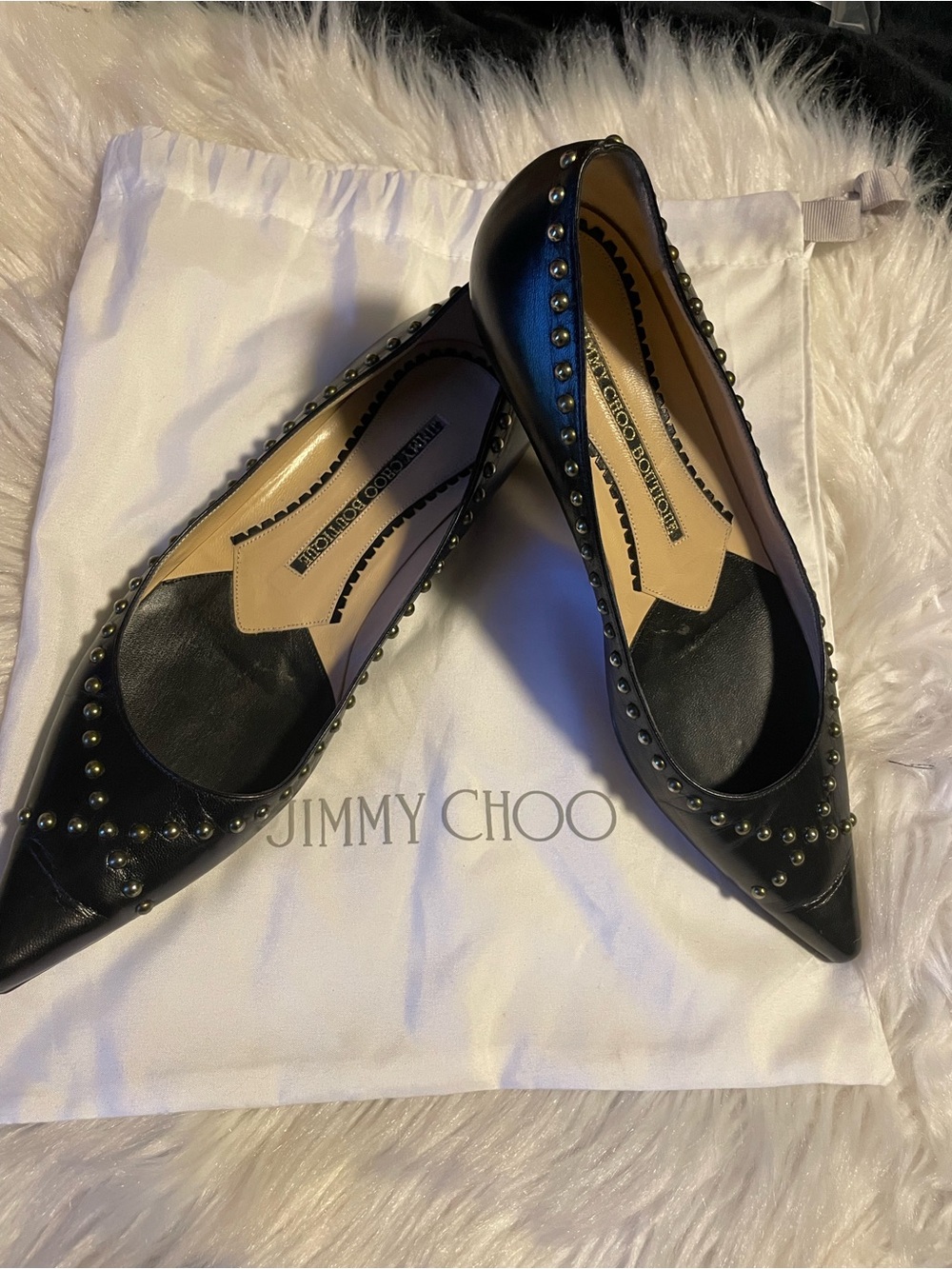 Jimmy Choo- London boutique Black Studded Pointed-Toe Flats